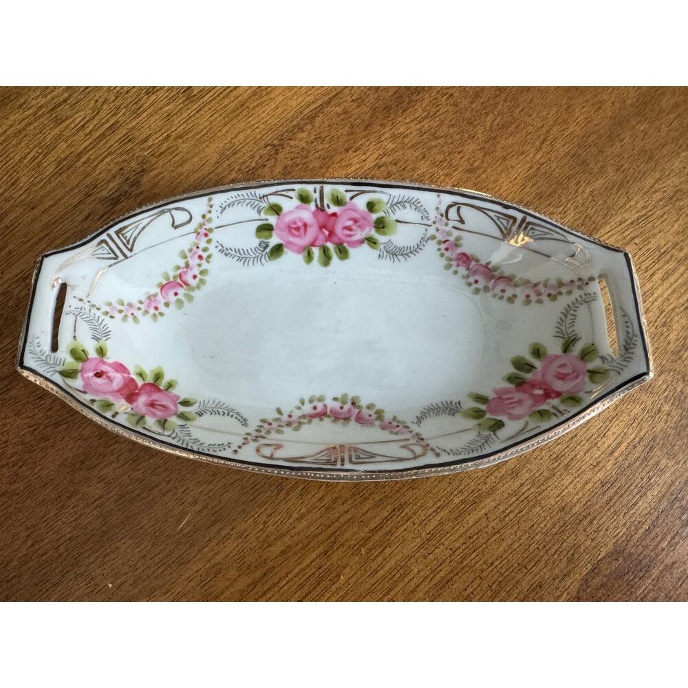 Antique Hand Painted Nippon Celery Relish Dish Trinket Tray Floral Gold